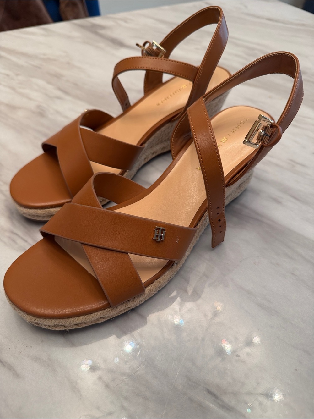 Tommy Hilfiger Tan Leather Espadrille Wedge Sandals